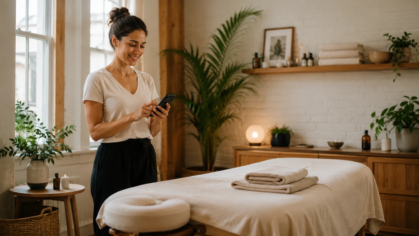 A practitioner checking her phone beside a made treatment table.