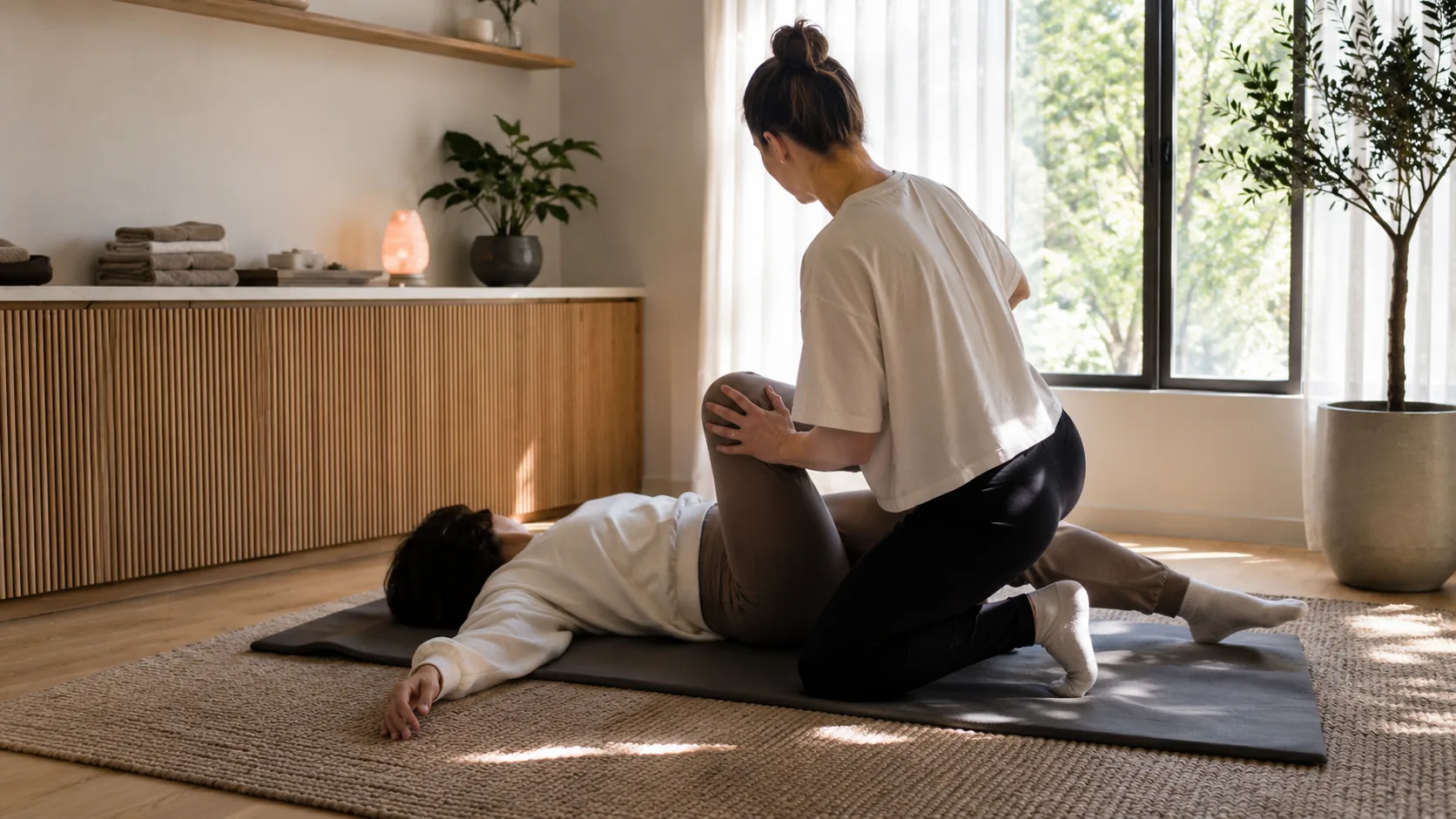 A practitioner kneeling beside a client on a mat, working on their leg, in a bright room with a window onto trees.