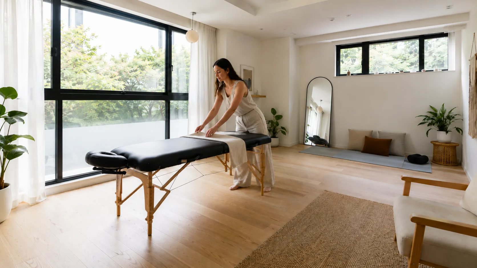 A practitioner smoothing a sheet over a massage table, in a wide room with a mat and cushions at the far end.