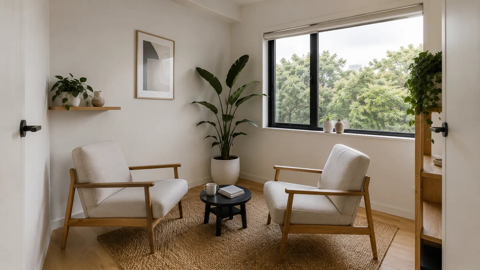 A consulting room with two wooden-framed chairs facing each other over a low table.