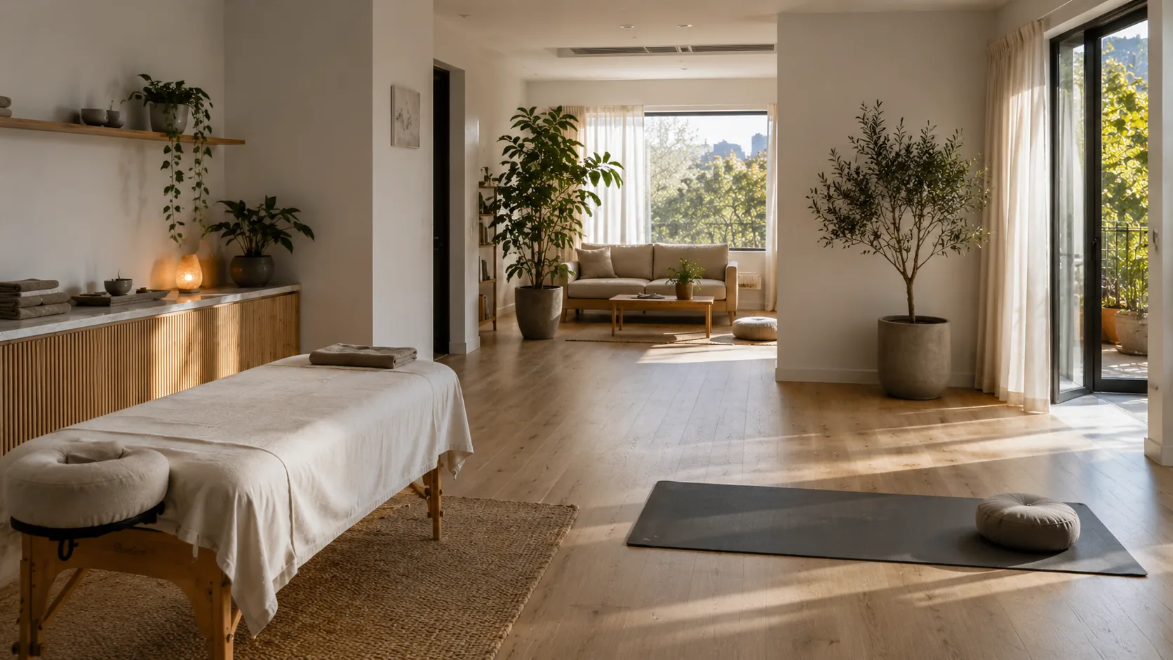 An empty open room in afternoon sun, with a made treatment table at one end and a mat at the other.