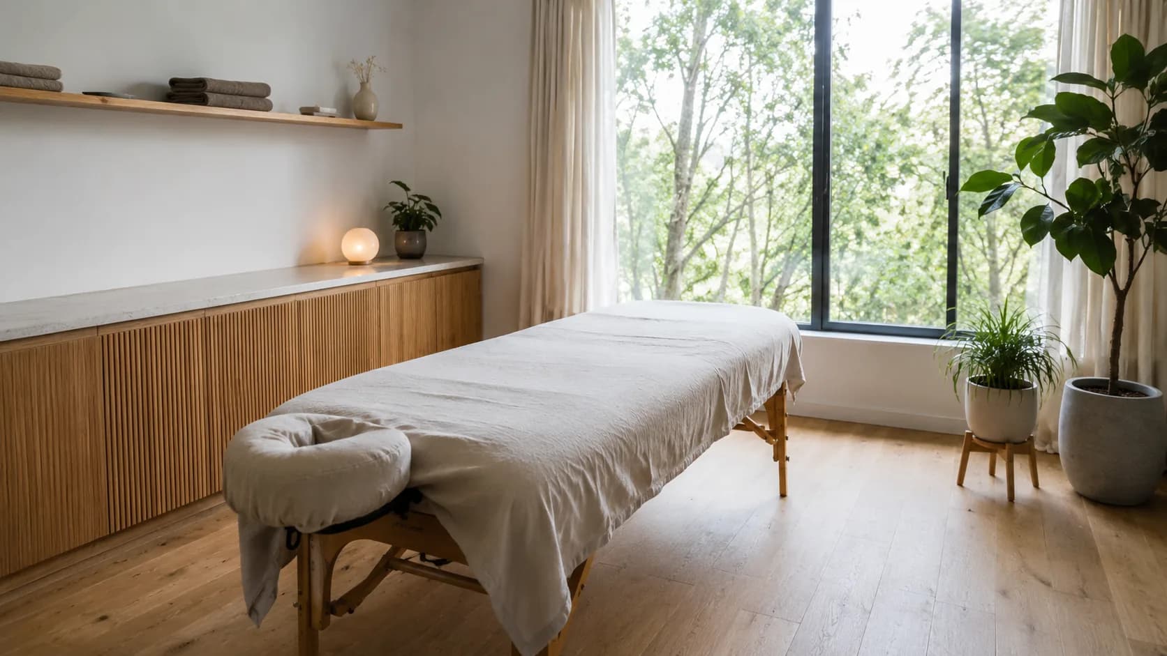 A treatment room with a made table and a window onto trees.