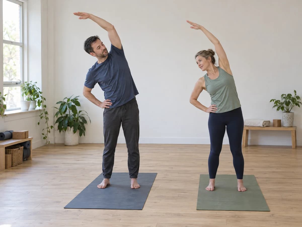 An instructor guides a client through a gentle standing stretch during a private yoga session.