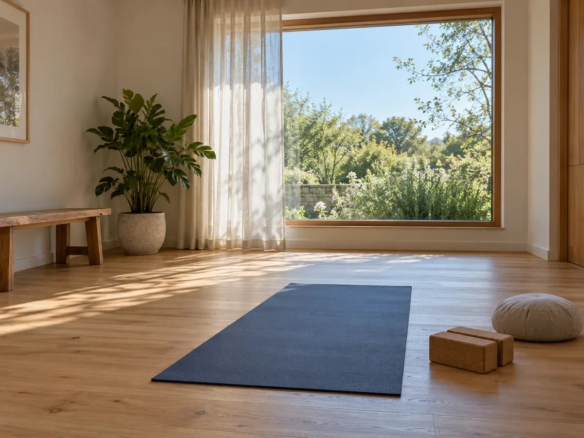 A peaceful, sunlit wellness studio with a yoga mat, meditation cushion and garden views.
