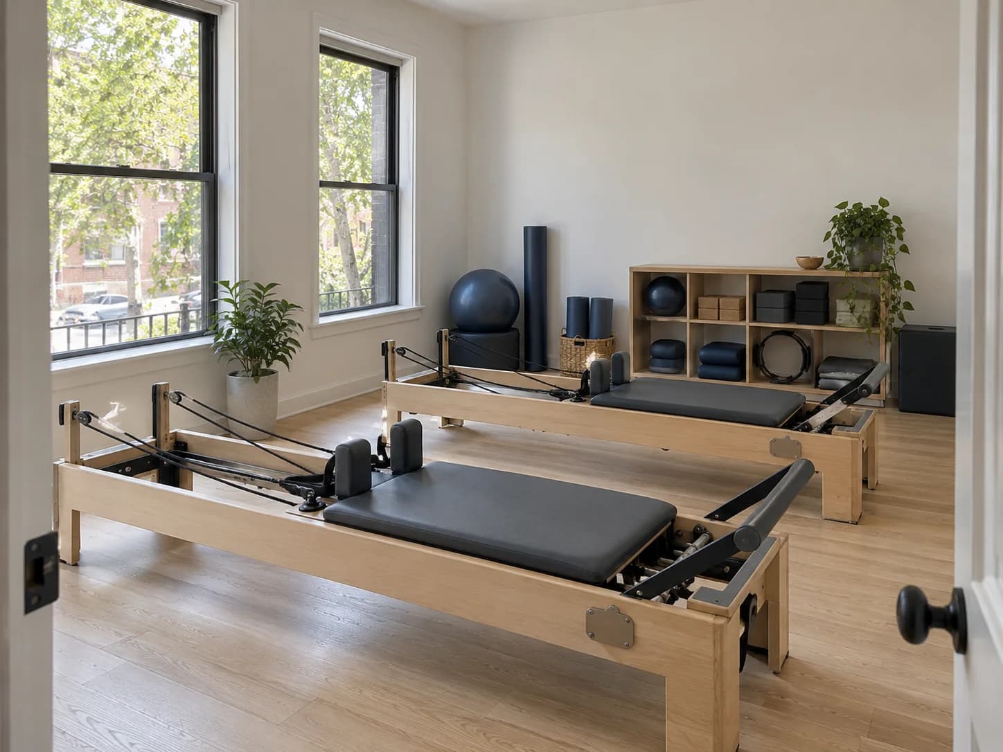 A private Pilates studio with two reformers and natural daylight.