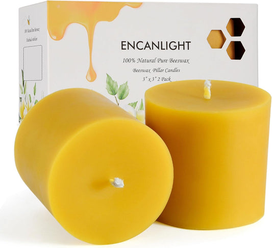 Pure Beeswax Pillar Candles 3X3 Inch, 2 Pack Natural Bees Wax Candle with Cotton Wick, 50-55 Hours Long Burning, Dripless and Smokeless for Home Decor, Party, Dinner