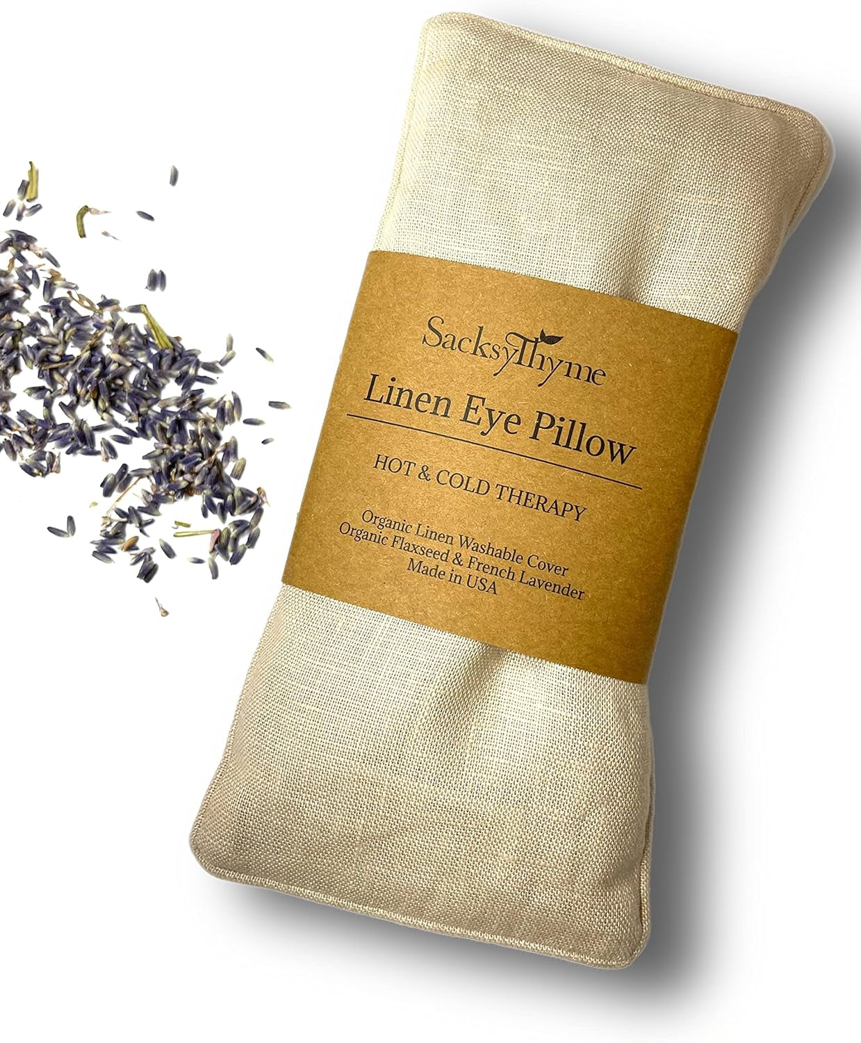 Sacksy Thyme Organic Linen Eye Pillow - Lavender & Flaxseed for Relaxation, Yoga, Stress Relief - Microwavable Heating Pad & Cool Compress - Made in USA - Gifts for Meditation