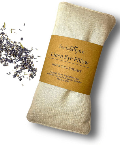 Sacksy Thyme Organic Linen Eye Pillow - Lavender & Flaxseed for Relaxation, Yoga, Stress Relief - Microwavable Heating Pad & Cool Compress - Made in USA - Gifts for Meditation