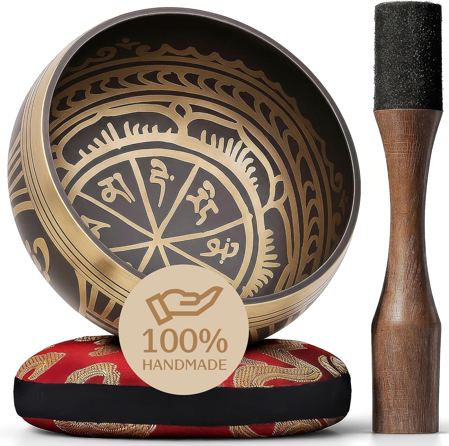 Handmade Tibetan Etched Singing Bowl Set – Sound Bowl & Meditation Bowl with Cushion, Mallet & Guide – Yoga Kit – Stress Relief Tools – Ancient Himalayan Meditation Tools
