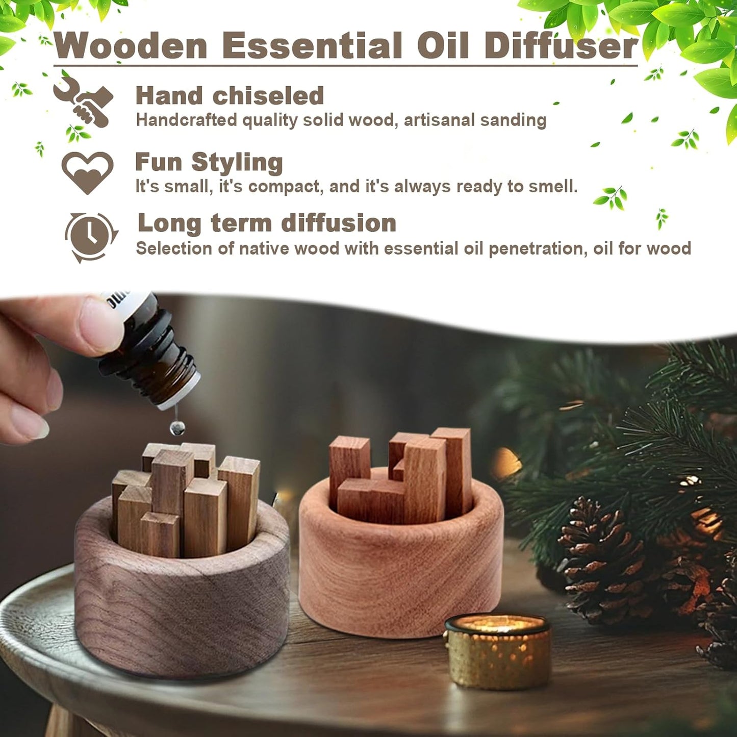 3 Pieces Wood Diffuser for Essential Oils, Aromatherapy Diffuser Black Walnut Wood for Home Office Bedroom Car