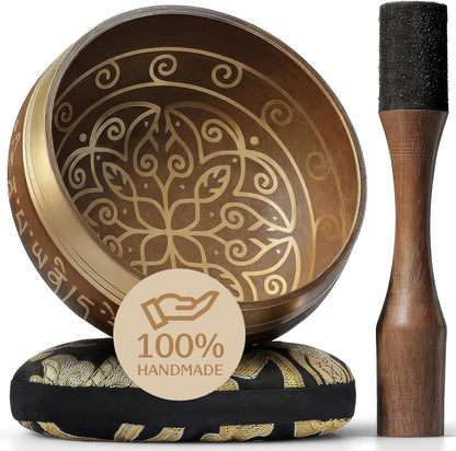 Handmade Tibetan Etched Singing Bowl Set – Sound Bowl & Meditation Bowl with Cushion, Mallet & Guide – Yoga Kit – Stress Relief Tools – Ancient Himalayan Meditation Tools