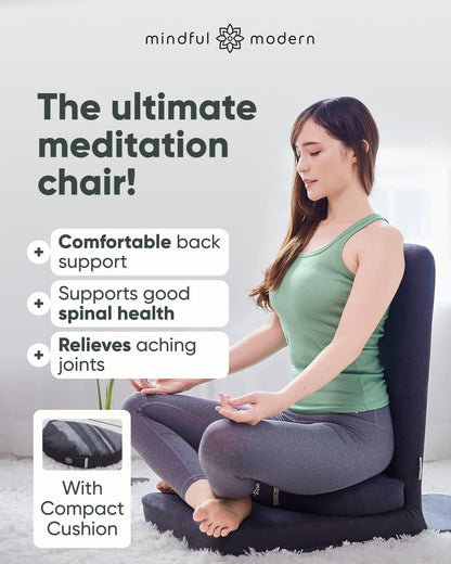 Mindful Modern Folding Pro Meditation Chair - Adjustable Meditation Seat with Back Support and Half Moon Buckwheat Meditation Cushion - Comfortable Mindfulness Living Room Floor Chair