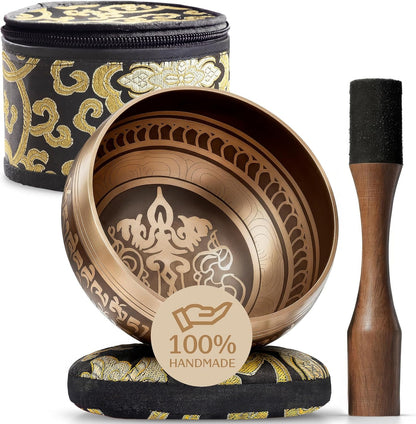 Handmade Tibetan Etched Singing Bowl Set – Sound Bowl & Meditation Bowl with Cushion, Mallet & Guide – Yoga Kit – Stress Relief Tools – Ancient Himalayan Meditation Tools
