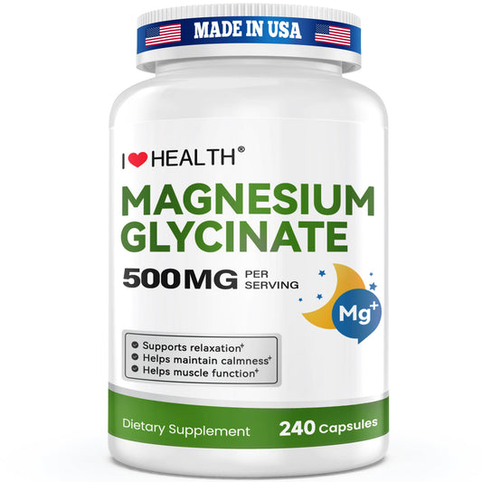 Magnesium glycinate supplement capsules for daily relaxation, muscle support and wellness