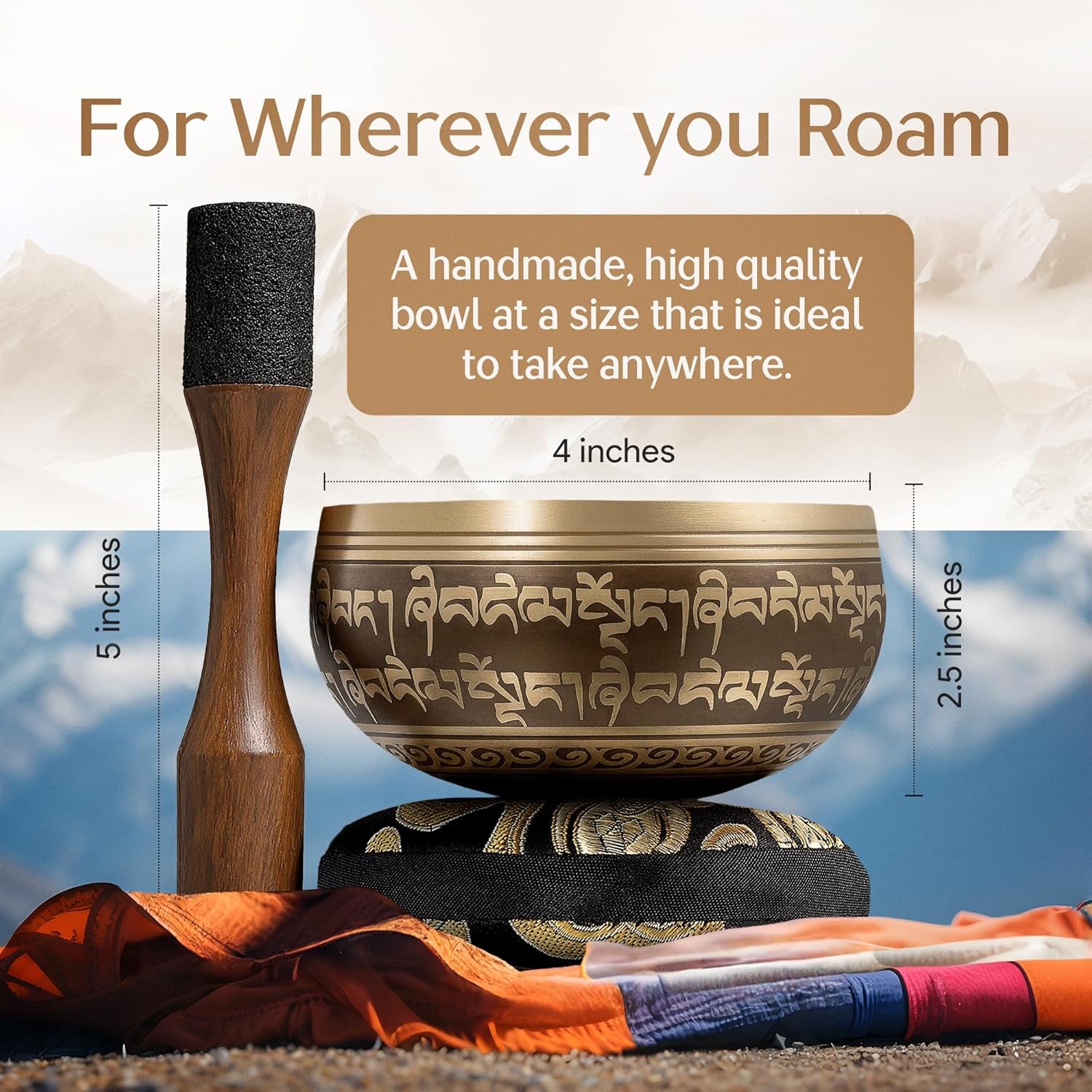 Handmade Tibetan Etched Singing Bowl Set – Sound Bowl & Meditation Bowl with Cushion, Mallet & Guide – Yoga Kit – Stress Relief Tools – Ancient Himalayan Meditation Tools