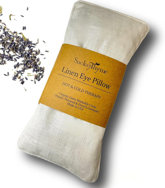 Sacksy Thyme Organic Linen Eye Pillow - Lavender & Flaxseed for Relaxation, Yoga, Stress Relief - Microwavable Heating Pad & Cool Compress - Made in USA - Gifts for Meditation