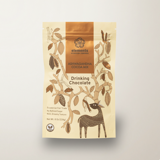 Ashwagandha hot chocolate blend with organic cacao and coconut sugar for cozy self-care routines