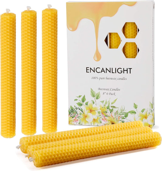 Natural Beeswax Taper Candles, 8 Inch Handmade Honeycomb Bees Wax Candlesticks 6 Pack - 5 Hours Burning Time - Smokeless, Dripless and Unscented for Home Decor Party Dinner
