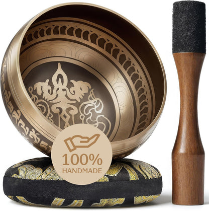 Handmade Tibetan Etched Singing Bowl Set – Sound Bowl & Meditation Bowl with Cushion, Mallet & Guide – Yoga Kit – Stress Relief Tools – Ancient Himalayan Meditation Tools