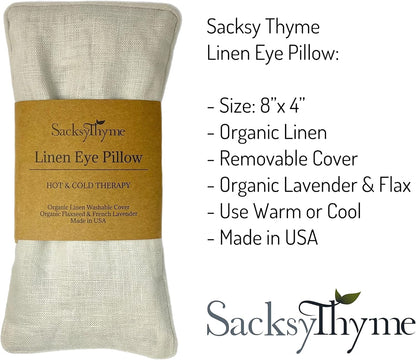 Sacksy Thyme Organic Linen Eye Pillow - Lavender & Flaxseed for Relaxation, Yoga, Stress Relief - Microwavable Heating Pad & Cool Compress - Made in USA - Gifts for Meditation