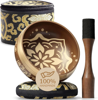 Handmade Tibetan Etched Singing Bowl Set – Sound Bowl & Meditation Bowl with Cushion, Mallet & Guide – Yoga Kit – Stress Relief Tools – Ancient Himalayan Meditation Tools