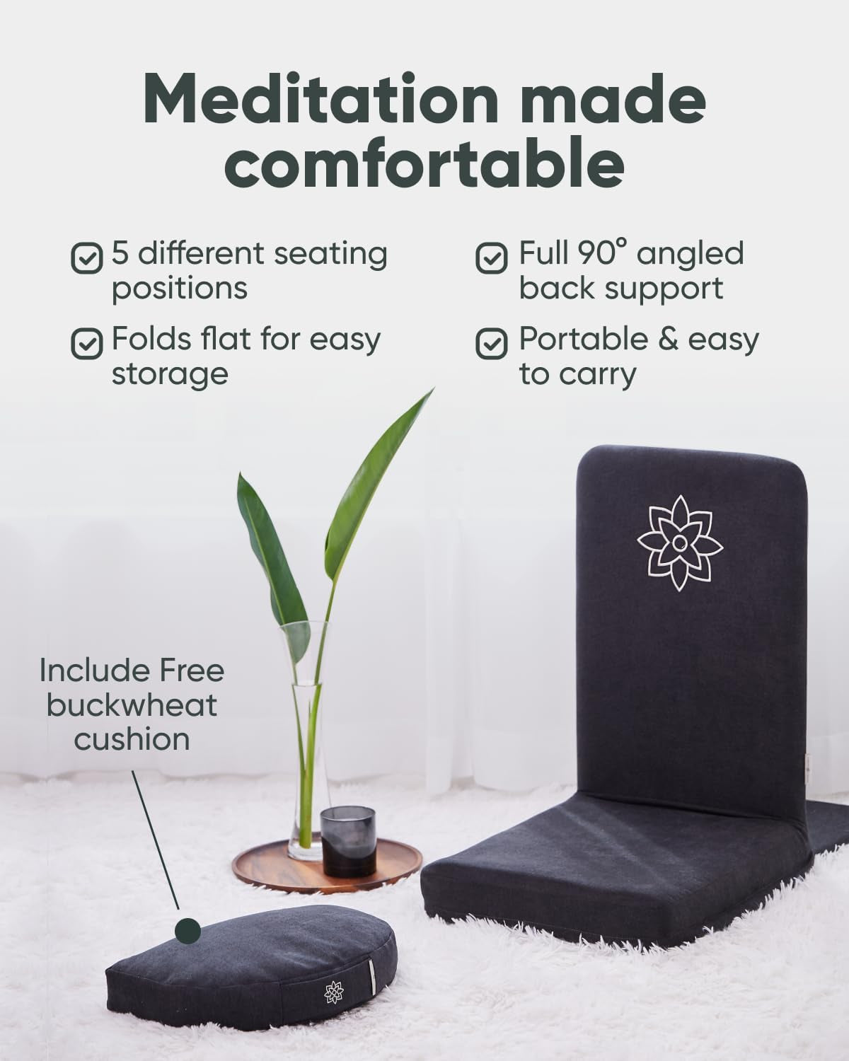 Mindful Modern Folding Pro Meditation Chair - Adjustable Meditation Seat with Back Support and Half Moon Buckwheat Meditation Cushion - Comfortable Mindfulness Living Room Floor Chair