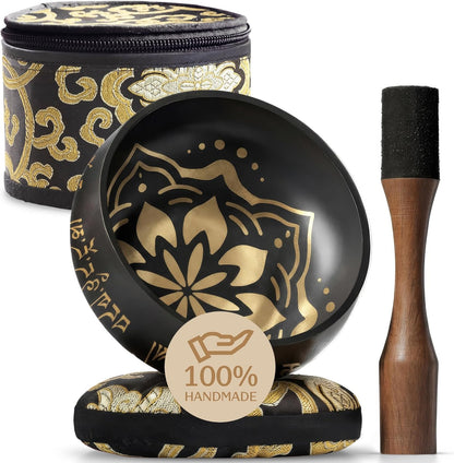 Handmade Tibetan Etched Singing Bowl Set – Sound Bowl & Meditation Bowl with Cushion, Mallet & Guide – Yoga Kit – Stress Relief Tools – Ancient Himalayan Meditation Tools