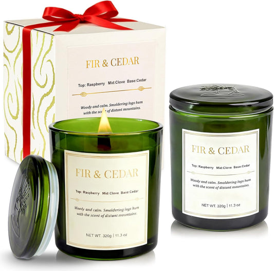 2 Pack Wood Wick Scented Candle Gift Set –Balsam Fir & Cedarwood Natural Soy Wax Candles with Individual Gift Boxes,Long Lasting 22.6 Oz Aromatherapy Candles for Home Decor, Christmas&Holiday Gifts