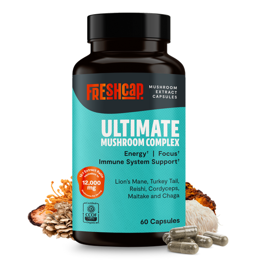 Organic mushroom complex supplement capsules for focus, energy and daily wellness
