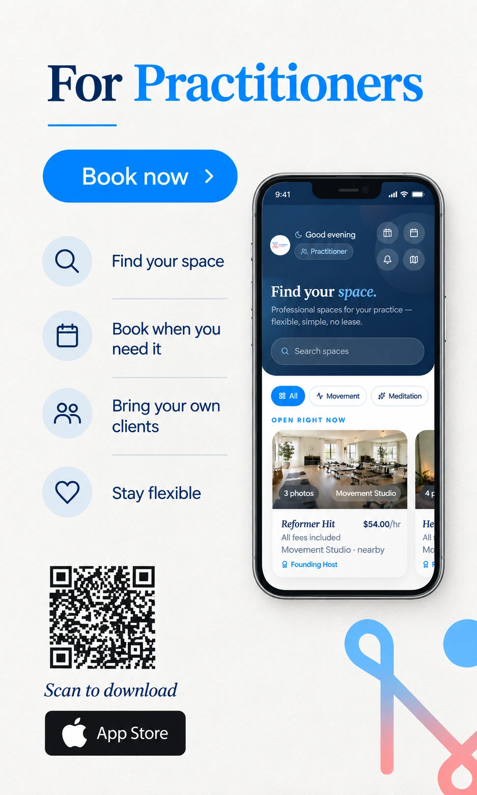 For wellness professionals: find your space, book when you need it, bring your own clients and stay flexible. Minimum Stress is available on the App Store.